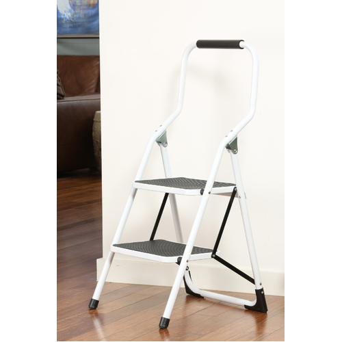 2 Step Folding Ladder with Foam Grip Handle White Steel