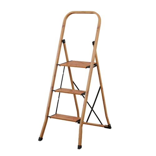 3 Step Folding Ladder With Handle – Aluminium Wood Grain Finish